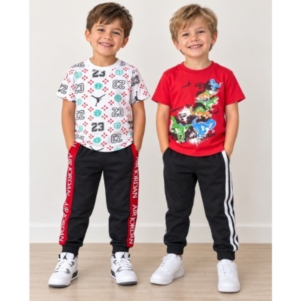 Jordan Boys 4T Outfit Lot 4pc Graphic Tees Joggers Pants Red Black Dinosaur